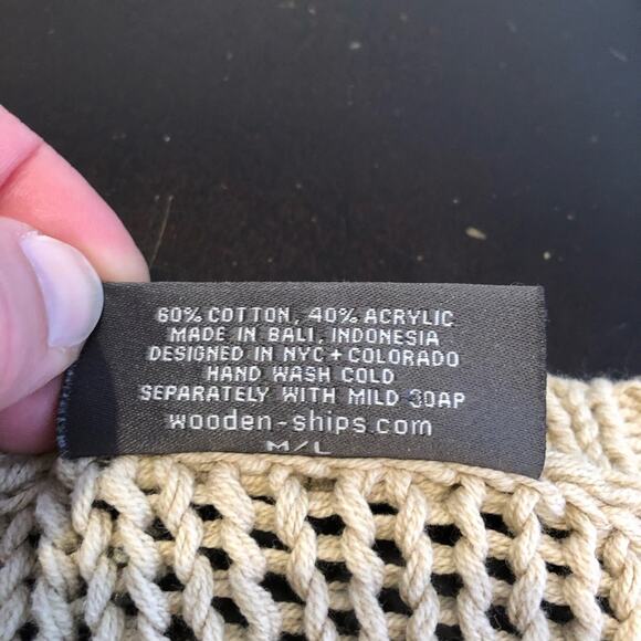 Wooden Ships tan crochet knit ribbed trim sweater size Medium / Large M/L - Picture 7 of 12